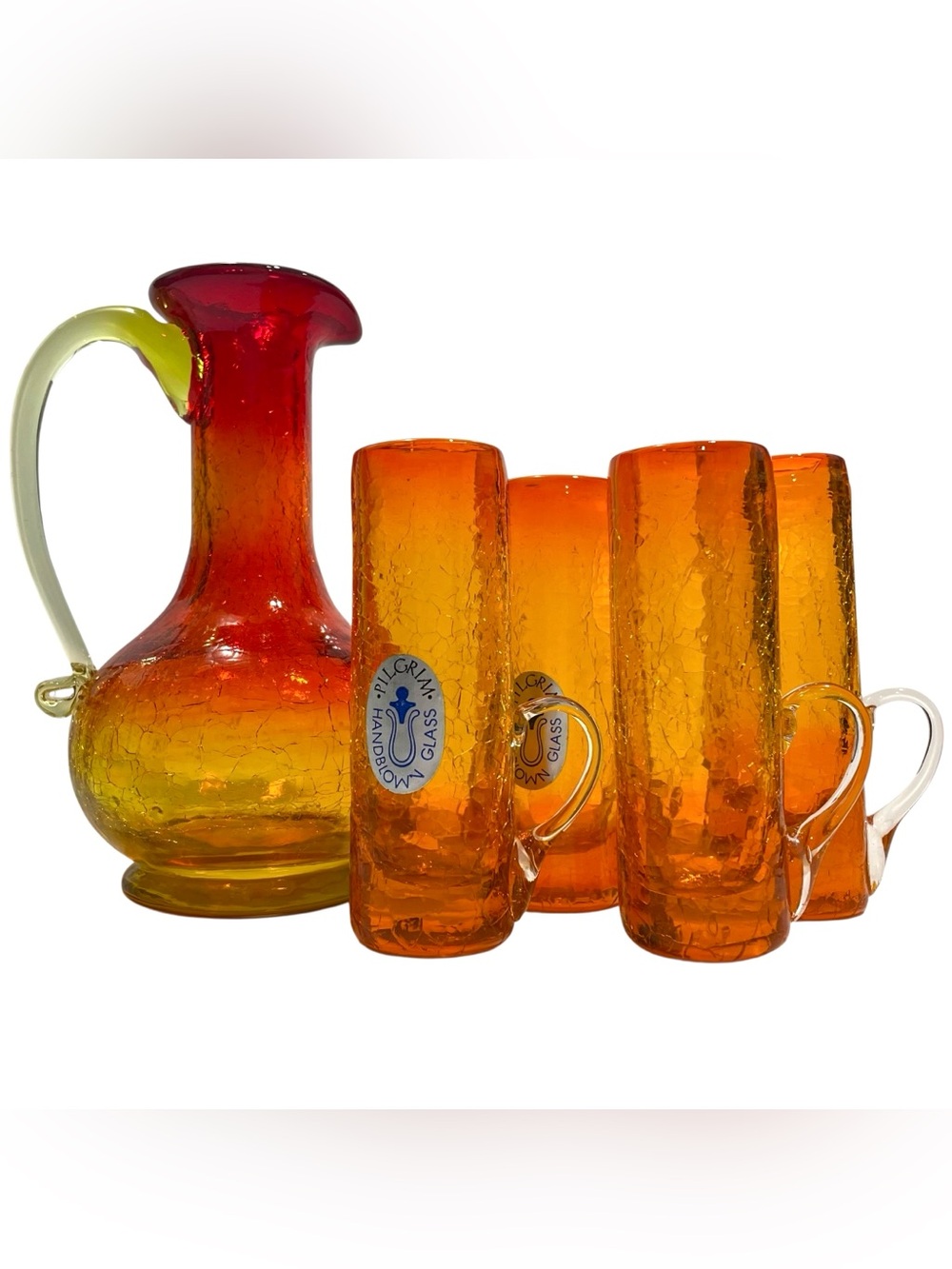 Vintage 1960s Pilgrim USA Handblown Crackle Art Glass Decanter and Glasses (4)